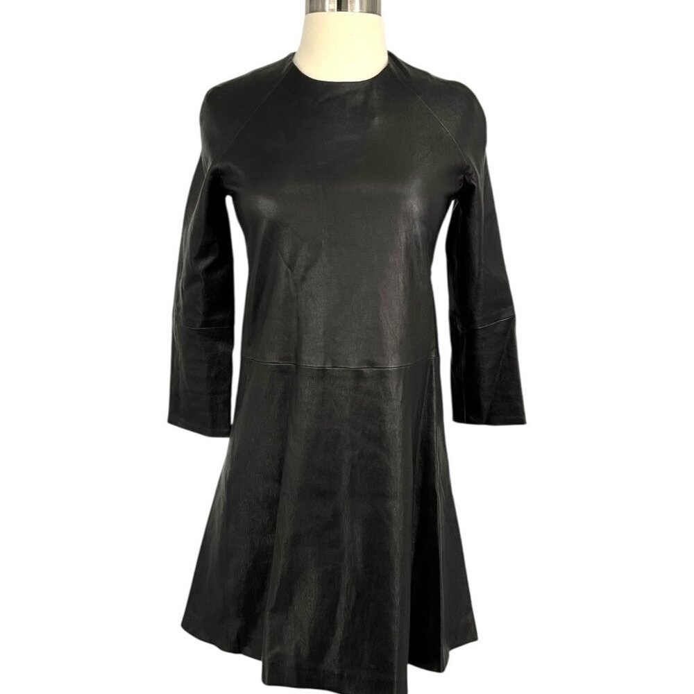 THEPERFEXT Harlem Leather Dress Black Zip Back 3/4 Sleeves Size M Medium